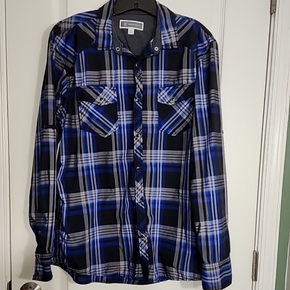 Inc international concepts Pearl Snap Shirt Blue Plaid | Men's Size Large - Picture 1 of 9